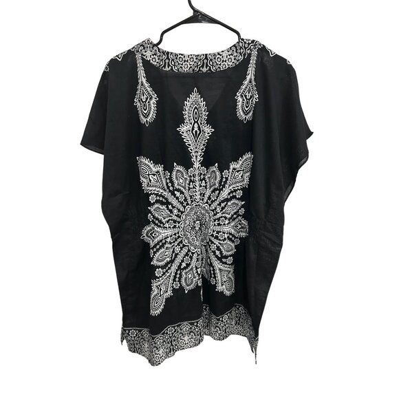 Style & Co Floral Paisley V-Neck Tunic Top Black White Sz 14 Studded Bohemian - Picture 2 of 9